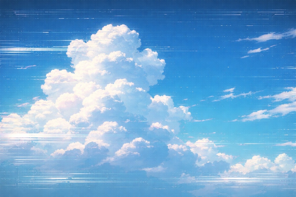 グリッチノイズ入り夏空背景 大きな入道雲 未来デジタル空 青空イラスト