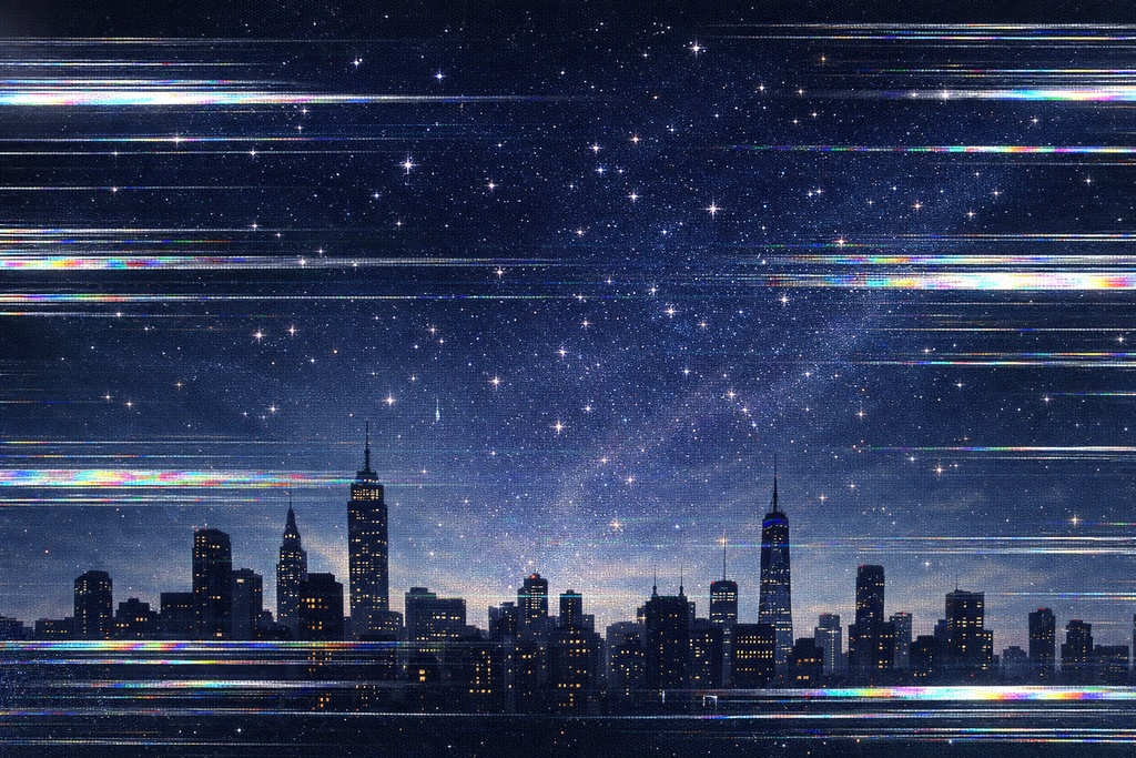 グリッチノイズ夜景 マンハッタンスカイライン 星空背景 CRTモニター風 16:9