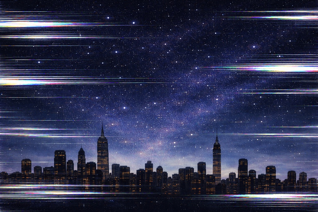 グリッチ夜空 都市シルエット 星空ノイズ背景 サイバー夜景 16:9