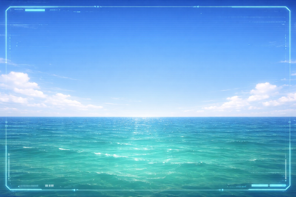 近未来UIオーバーレイ付きエメラルド海背景素材 横長16:9 テクノロジーHUDサマースカイ