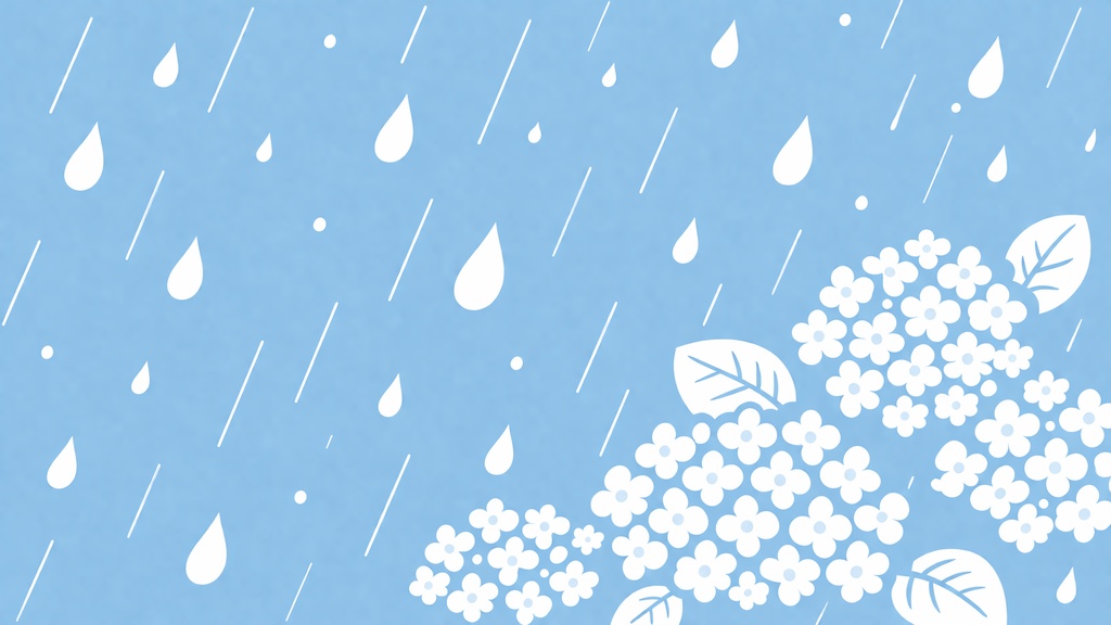 絵本風・パステル背景・白抜き紫陽花・雨