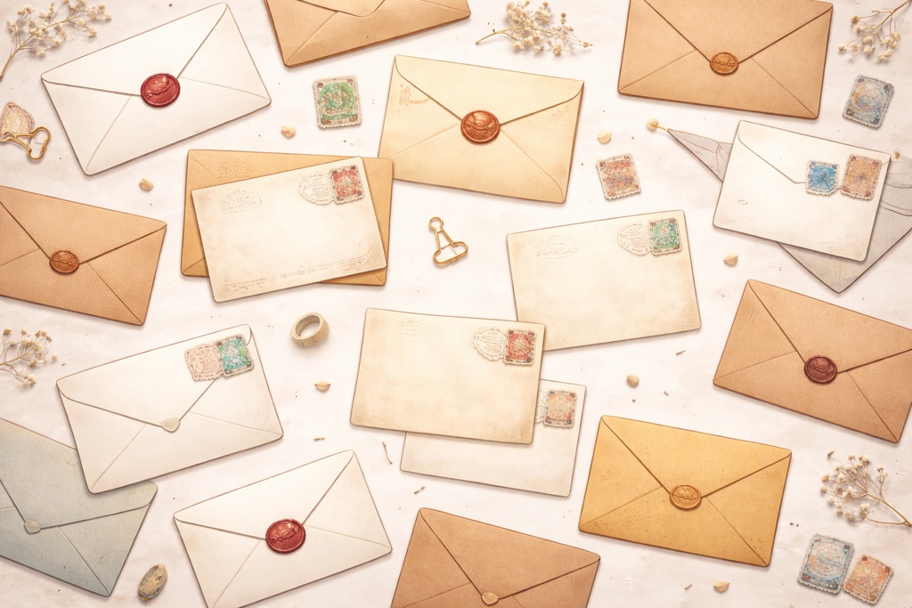 ネオヴィンテージ 手紙と封筒のフラットレイ