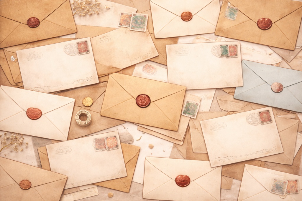  ヴィンテージ手紙と大封筒のフラットレイ