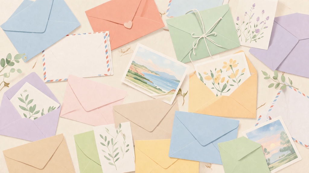 パステルカラー封筒とポストカードのフラットレイ背景素材セット（16:9）