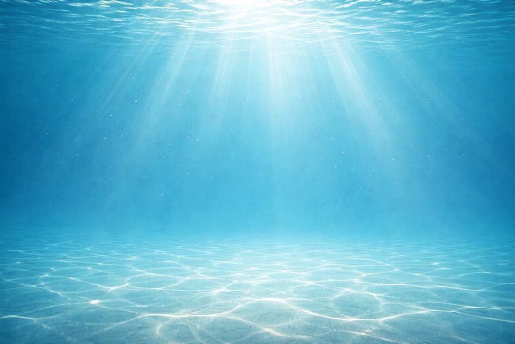浅海の透明ブルー背景イラスト｜明るい水中と光の素材（16:9）