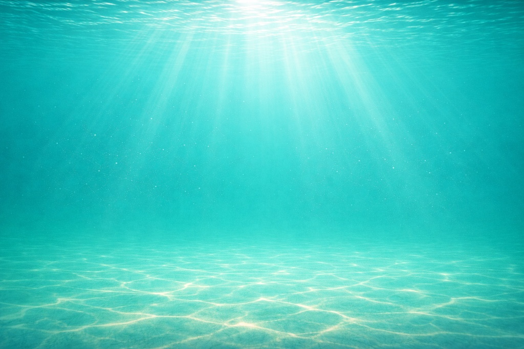 浅海の水面光背景イラスト｜上から差し込む柔らかい光素材（16:9）