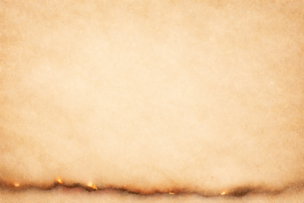 微弱炎付き焼け羊皮紙｜控えめ炎表現背景（16:9 高精細）