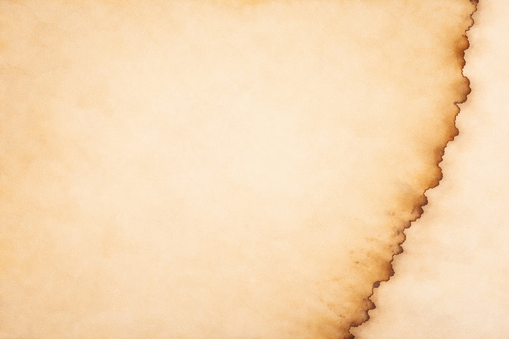 片側焼け羊皮紙｜非対称ダメージ背景（16:9 高精細）