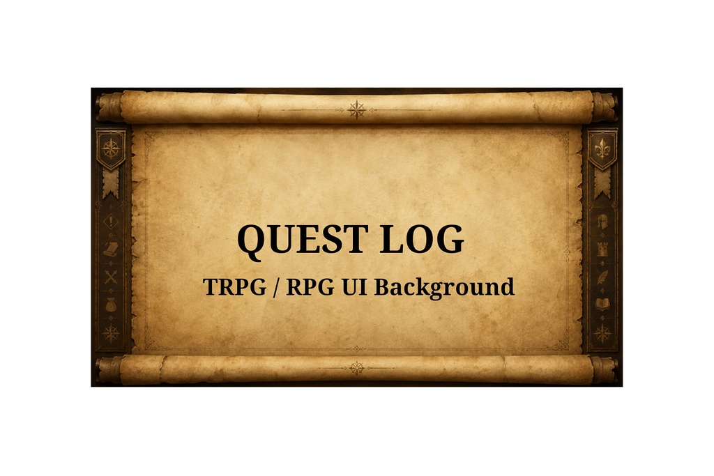 ファンタジー羊皮紙UI背景素材｜TRPG・RPGクエスト画面フレーム（16:9）