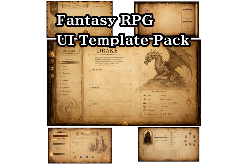 ファンタジーRPG UIテンプレートセット｜羊皮紙風インターフェース素材集（5種 / Fantasy RPG UI Template Pack）