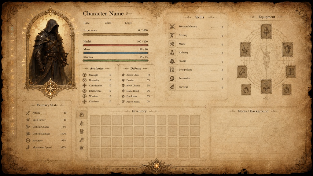 ファンタジーRPG UIテンプレートセット|羊皮紙風インターフェース素材集(5種 / Fantasy RPG UI Template Pack)