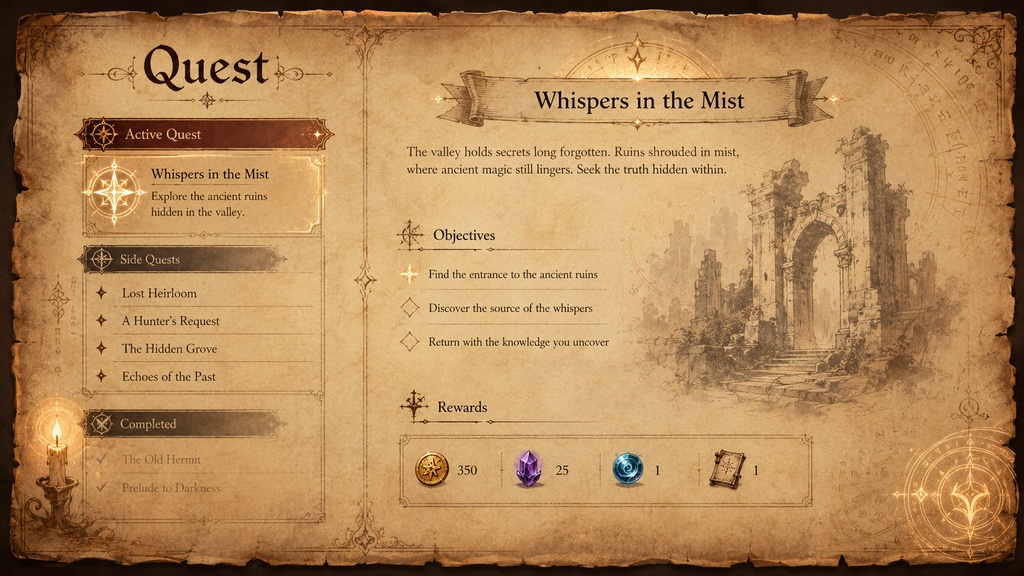 ファンタジーRPG UIテンプレートセット|羊皮紙風インターフェース素材集(5種 / Fantasy RPG UI Template Pack)