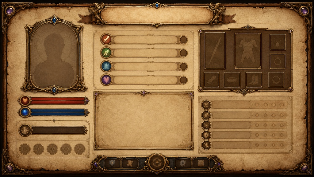 【TRPG・ゲーム制作向け】ファンタジーRPG キャラクターシートUI|羊皮紙デザイン|16:9|高解像度ゲーム素材