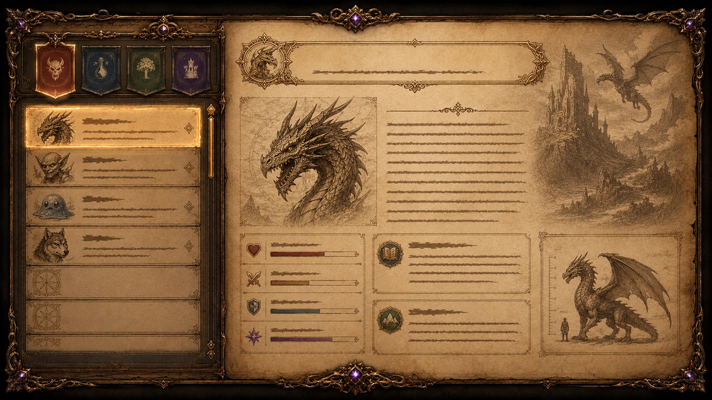 Fantasy RPG Encyclopedia UI|モンスター図鑑インターフェース素材(羊皮紙・AAAゲーム風)