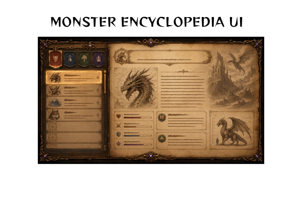 Fantasy RPG Encyclopedia UI｜モンスター図鑑インターフェース素材（羊皮紙・AAAゲーム風）