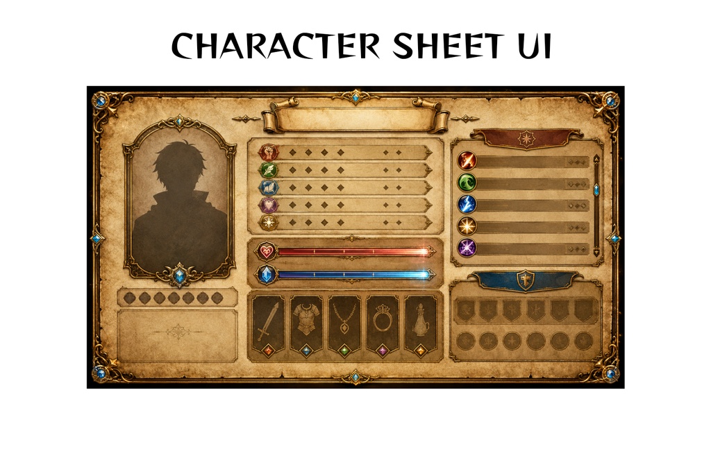 Fantasy RPG Character Sheet UI｜完成ステータス付きキャラクターシート（羊皮紙・TRPG素材）