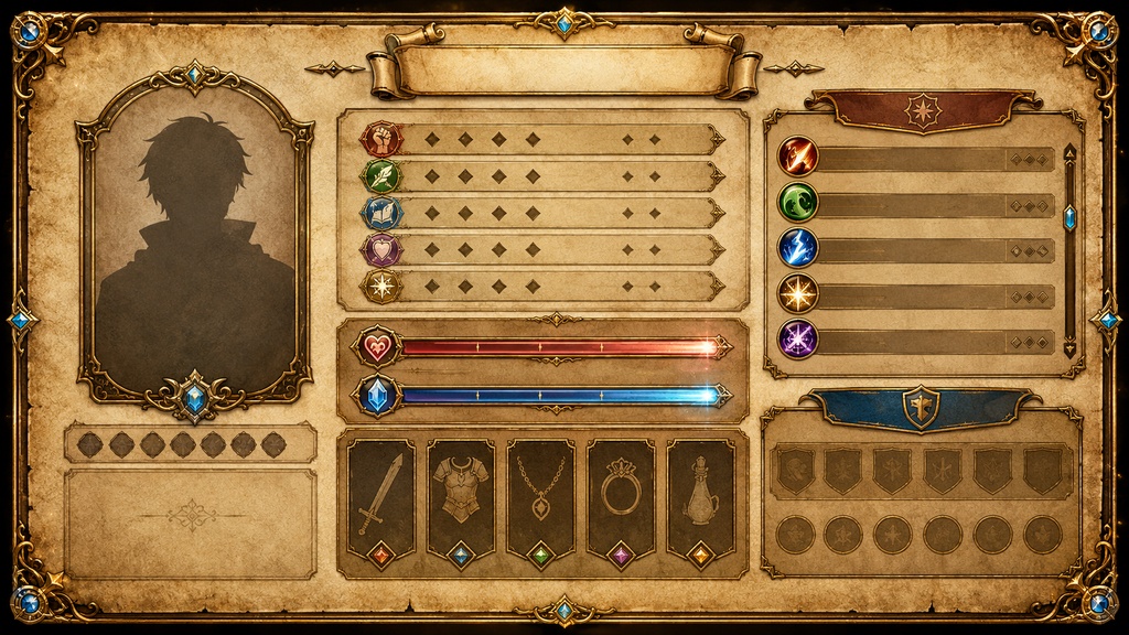 Fantasy RPG Character Sheet UI|完成ステータス付きキャラクターシート(羊皮紙・TRPG素材)