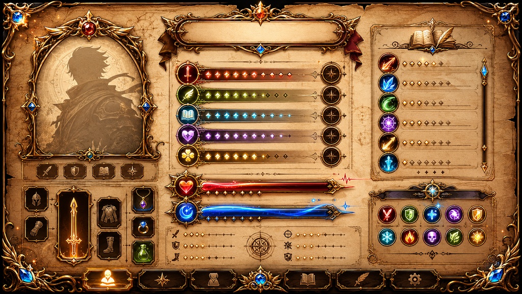Fantasy RPG Character Sheet Interface UI|完成済みステータス表示版 TRPG・ゲーム制作素材(16:9)