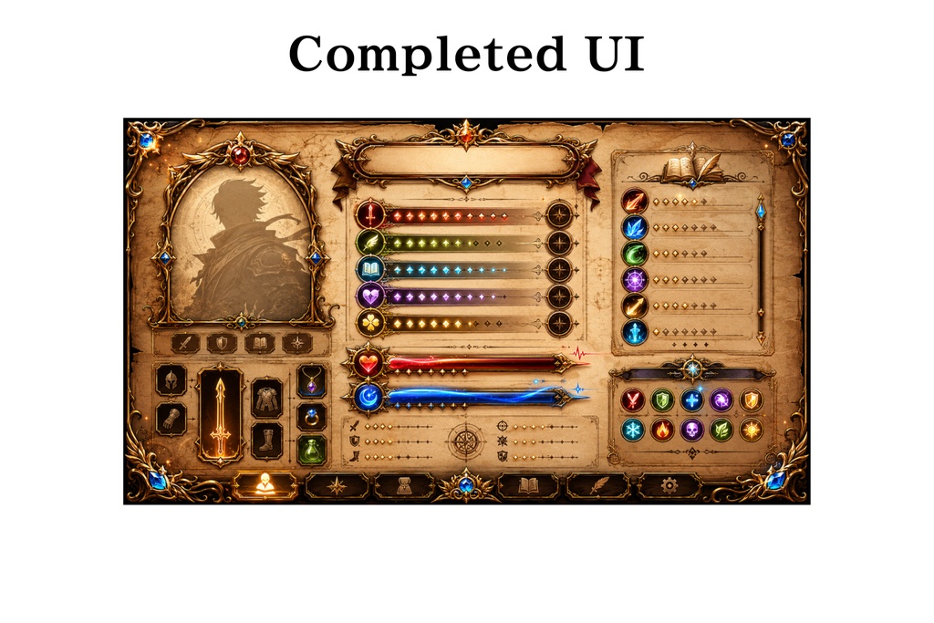 Fantasy RPG Character Sheet Interface UI|完成済みステータス表示版 TRPG・ゲーム制作素材(16:9)