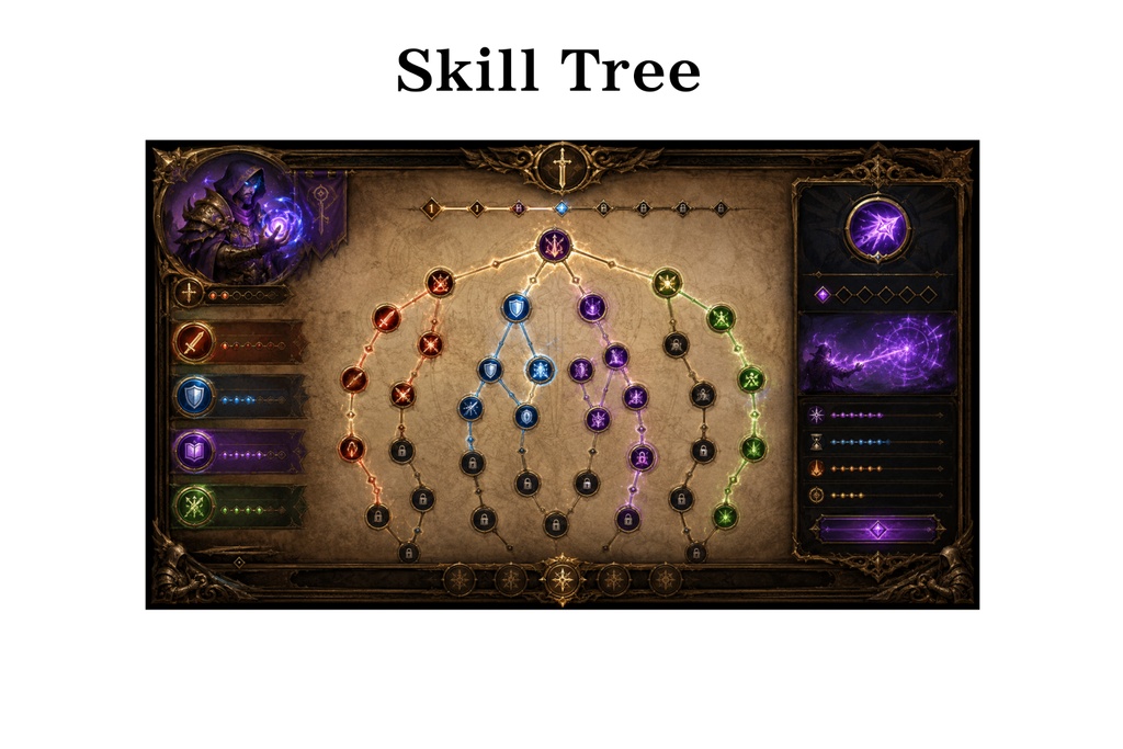 Fantasy RPG Skill Tree Interface UI｜ファンタジースキルツリー UI素材 TRPG・ゲーム制作対応（16:9）