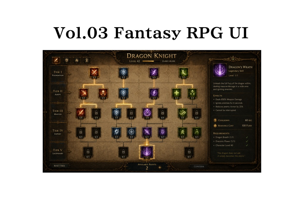 Vol.03 Fantasy RPG World Tree Skill Tree UI / Ancient Parchment Magic Rune Grid Interface / 16:9 Game UI Asset