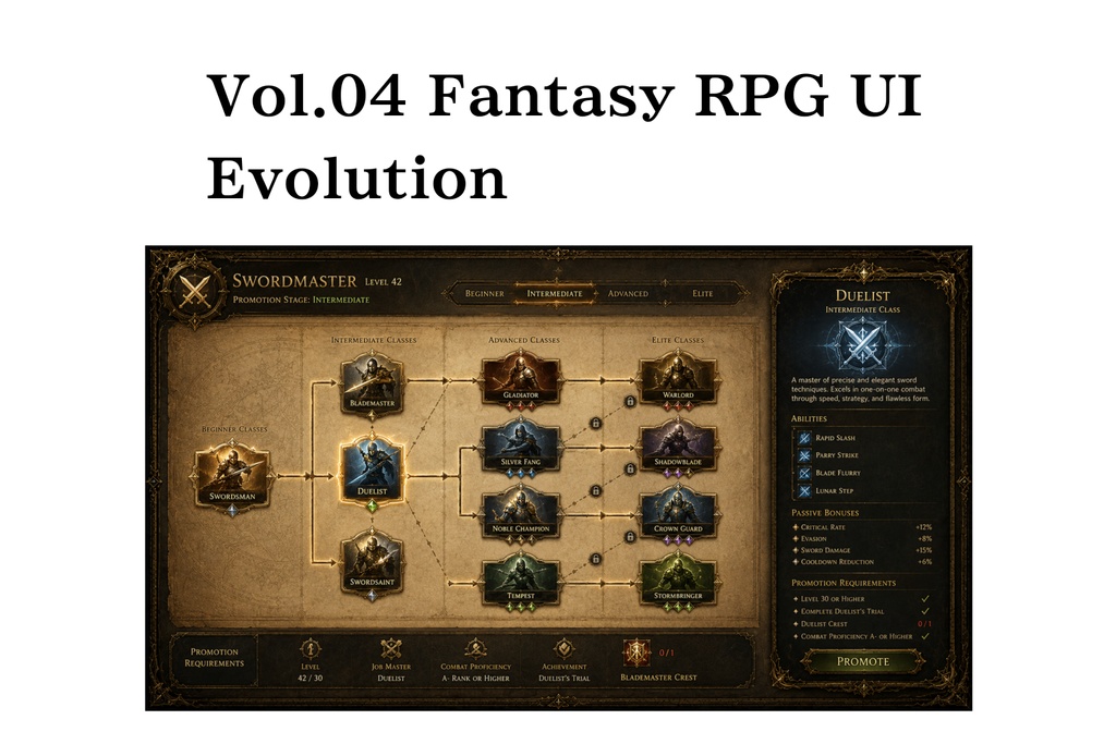 Fantasy RPG Evolution Chain UI Vol.01 | Class Promotion & Job Advancement Interface | 16:9 Game UI Asset