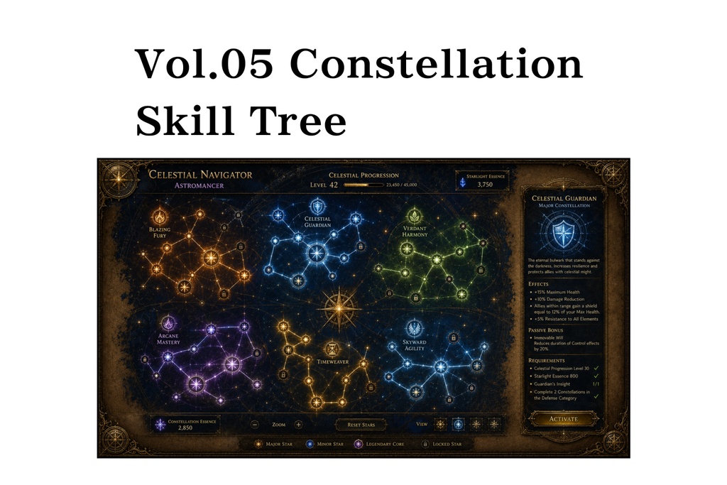 Fantasy RPG Constellation Skill Tree UI Vol.01 | Celestial Progression Interface | 16:9 Game UI Asset