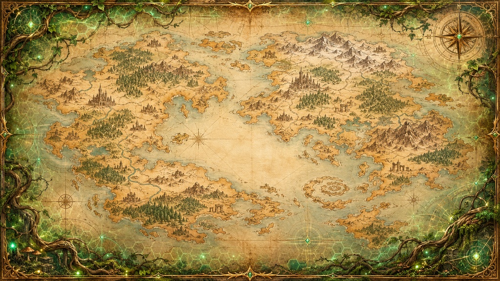 【TRPG・ゲーム制作向け】精霊認証ファンタジー世界地図背景|自然魔法×古代羊皮紙|16:9高解像度素材