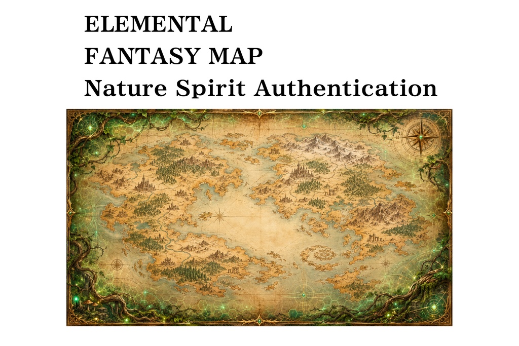 【TRPG・ゲーム制作向け】精霊認証ファンタジー世界地図背景|自然魔法×古代羊皮紙|16:9高解像度素材