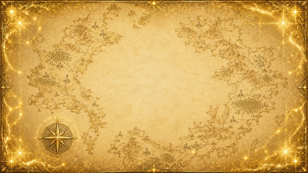 【TRPG・RPG素材】古代羊皮紙の神聖ワールドマップ背景|幻想地図・王国設定資料向け|16:9