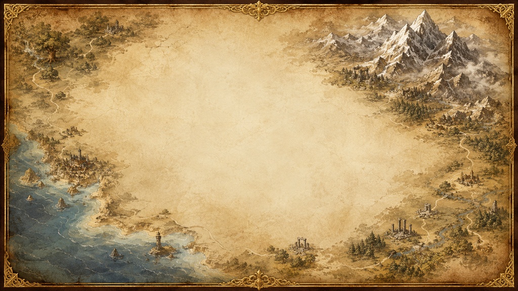 【ゲーム制作向け】ファンタジーRPG ワールドマップUI背景|古代羊皮紙|16:9|TRPG・RPG素材