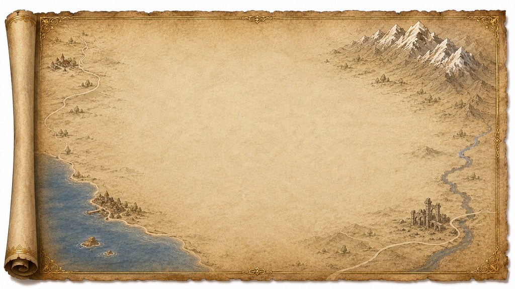 【TRPG・ゲーム制作向け】ファンタジーRPG ワールドマップUI背景|羊皮紙デザイン|16:9 高解像度素材