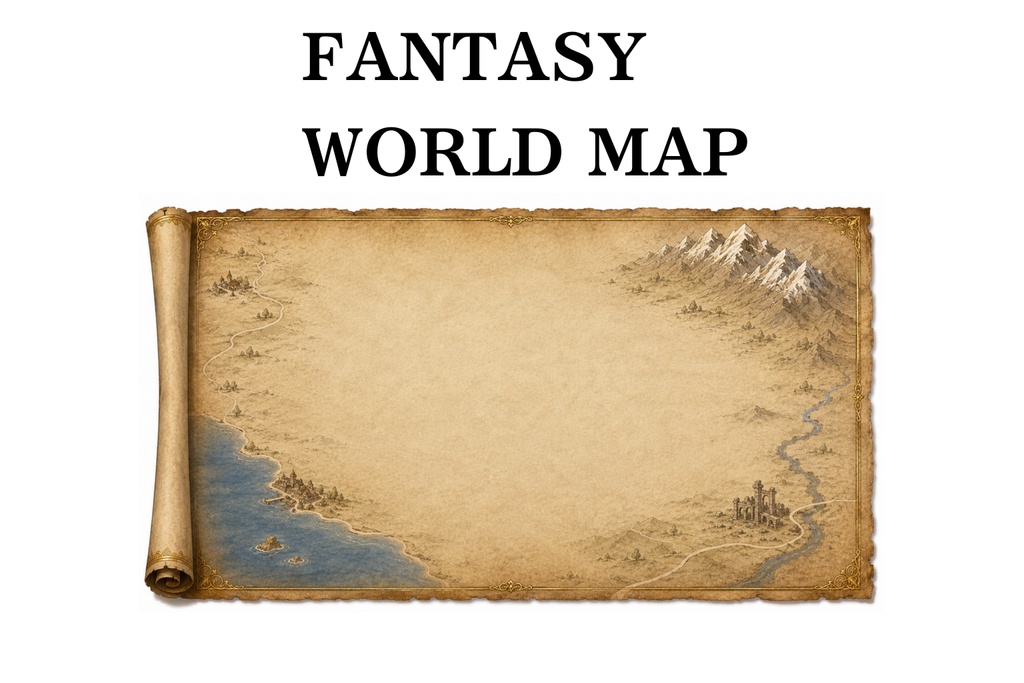 【TRPG・ゲーム制作向け】ファンタジーRPG ワールドマップUI背景｜羊皮紙デザイン｜16:9 高解像度素材