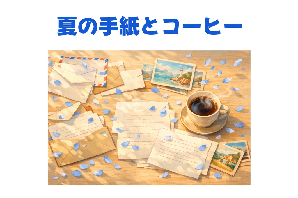 夏の手紙とコーヒー｜青い花びらが舞う爽やかなデスク背景【16:9】