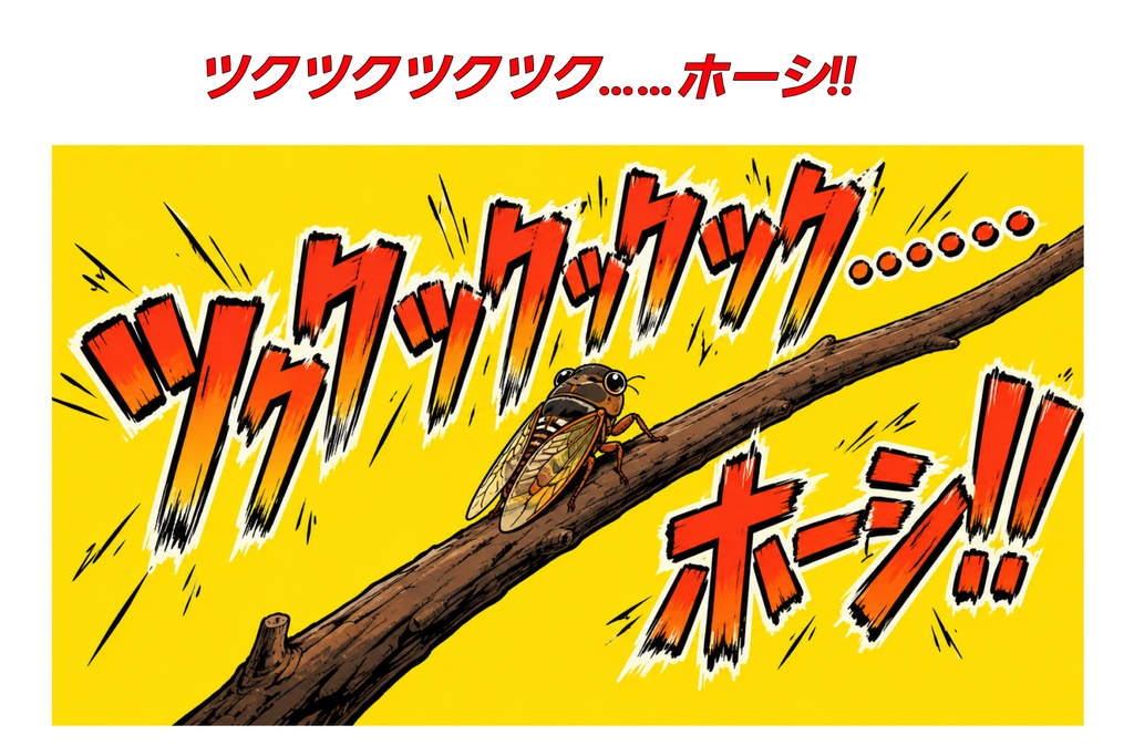 【16:9】ツクツクボウシの夏｜アメコミ風・コミカルな鳴き声背景イラスト