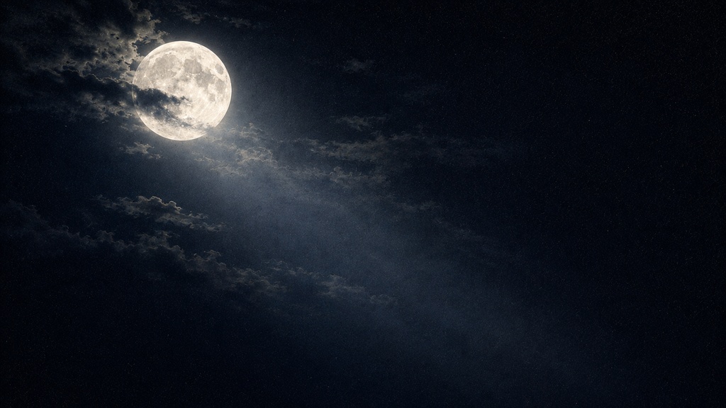 静かな雲月夜|幻想的な満月と月光の夜空|16:9背景