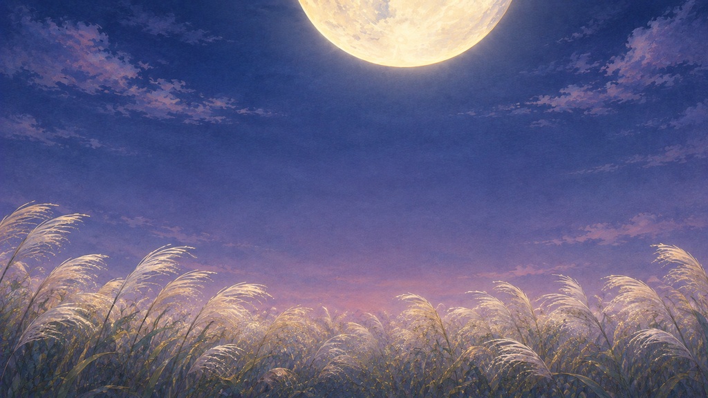 【和風・幻想背景】満月とススキの秋夜|水彩風16:9背景素材