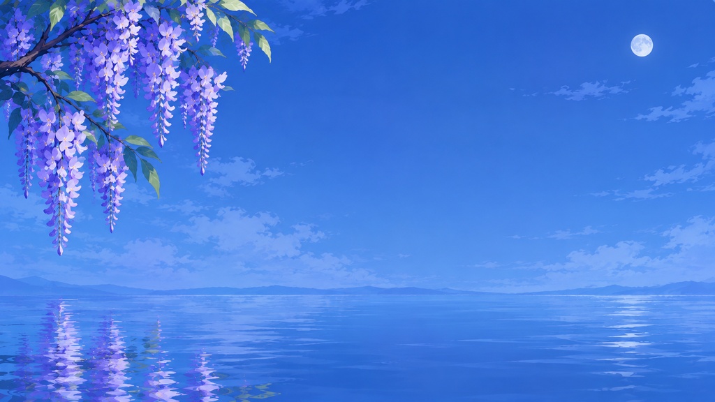 【冬素材】冬の藤と月・水面の幻想背景|16:9・アニメ風・水彩