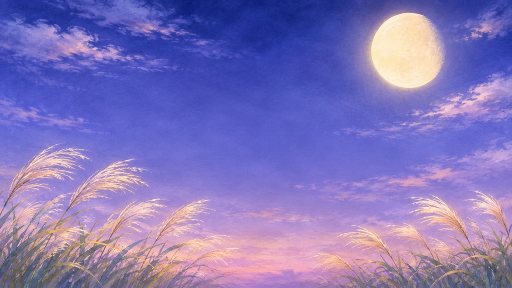 【16:9】十三夜・秋の月夜|淡い水彩調の和風背景素材
