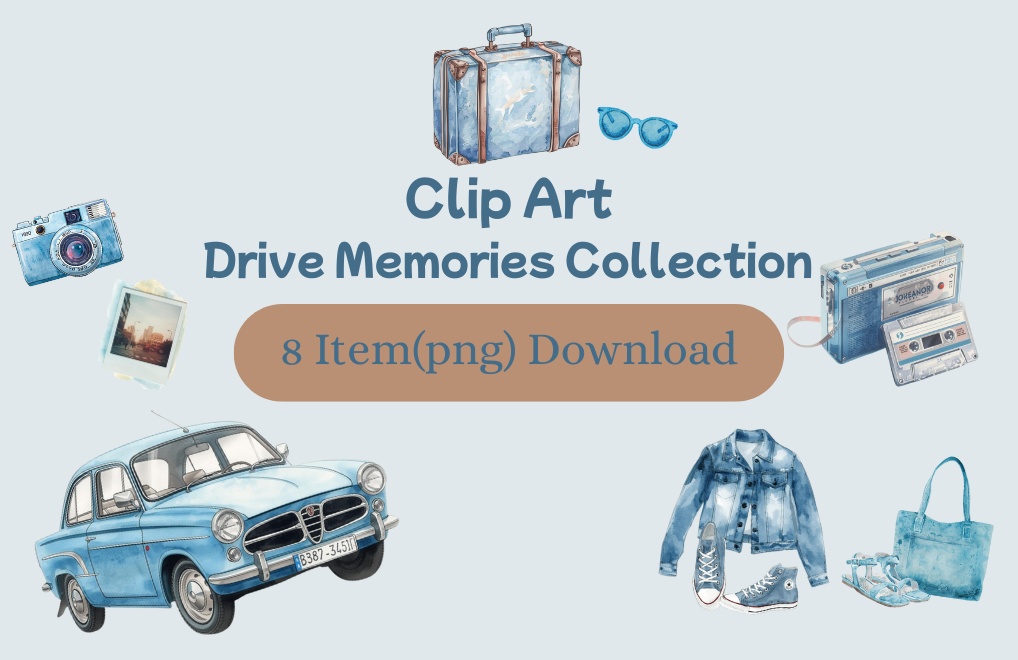 【PNG素材】大人可愛いDrive Memoriesクリップアートセット(全8種/水彩スタイル/背景透過)