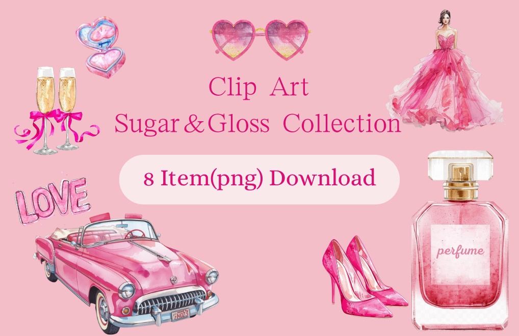 【PNG素材】大人可愛いヴィヴィッドピンククリップアートセット(全8種/水彩スタイル/背景透過)