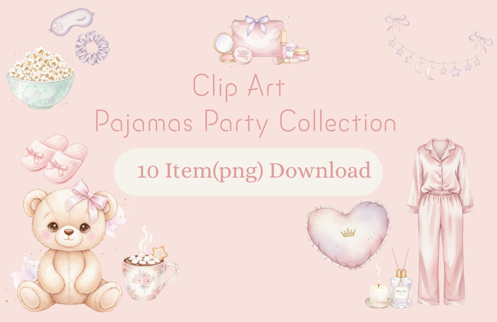 【PNG素材】大人可愛いパジャマパーティーリップアートセット（全10種／水彩スタイル／背景透過）
