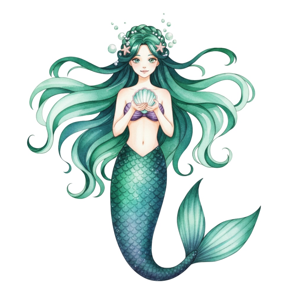 【PNG素材】大人可愛いマーメイドクリップアートセット(全15種/水彩スタイル/背景透過)