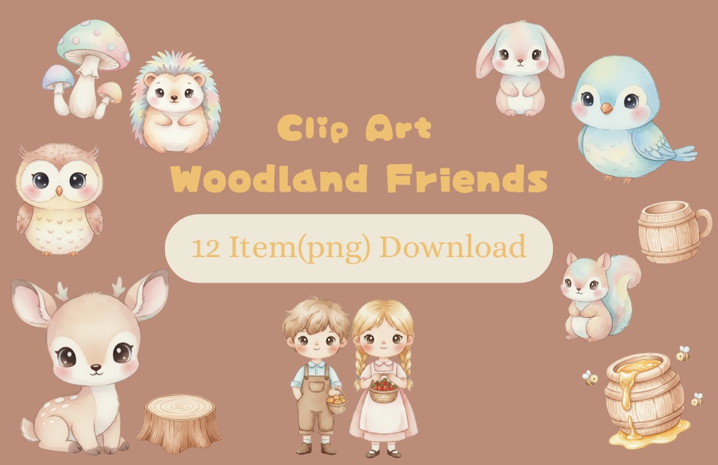 【PNG素材】大人可愛い森の仲間たちクリップアートセット(全12種/水彩スタイル/背景透過)