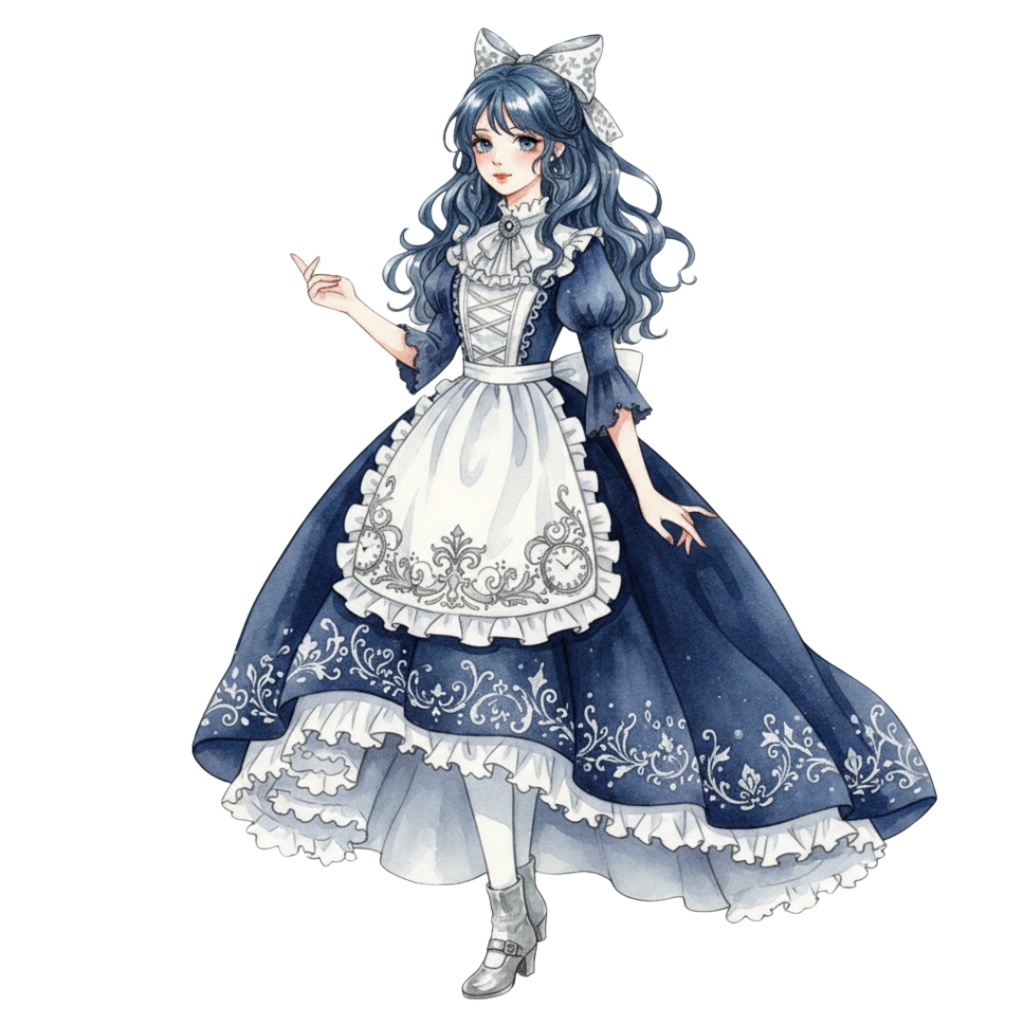 【PNG素材】大人可愛いネイビーなアリスの世界クリップアートセット(全15種/水彩スタイル/背景透過)