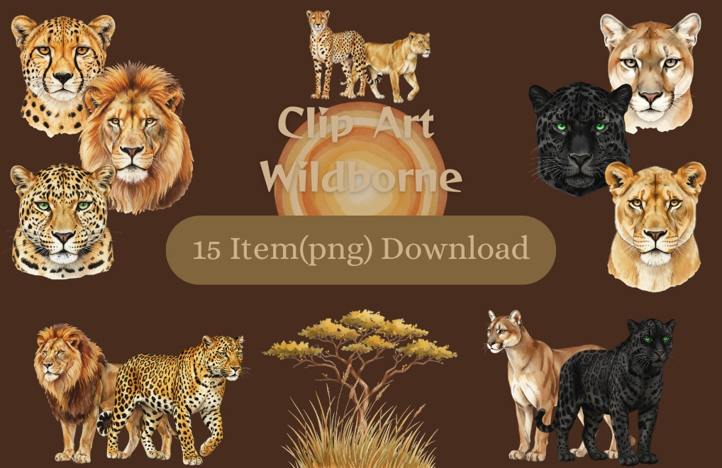 【PNG素材】大人可愛いワイルドアニマルリップアートセット(全15種/水彩スタイル/背景透過)