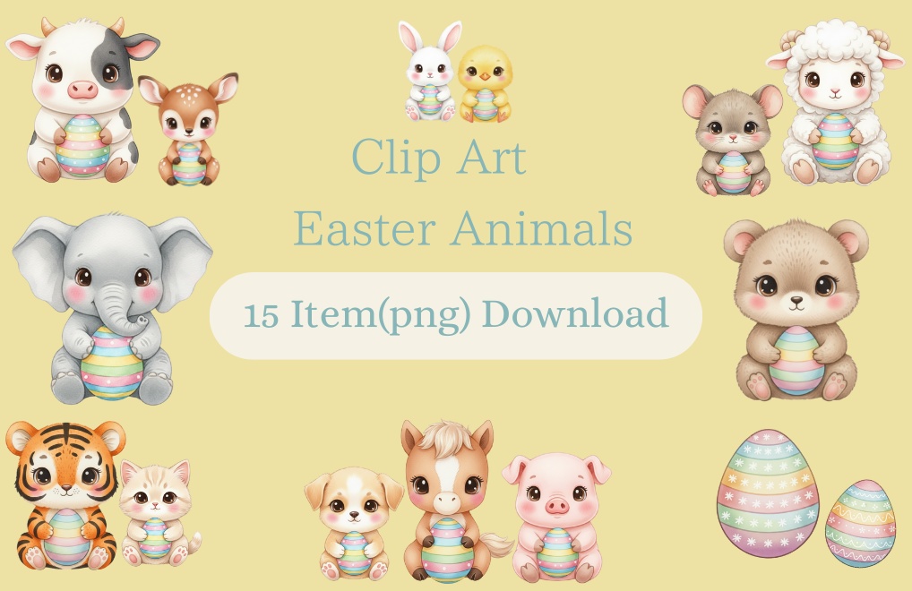 【PNG素材】大人可愛いベビーアニマルクリップアートセット（全15種／水彩スタイル／背景透過）