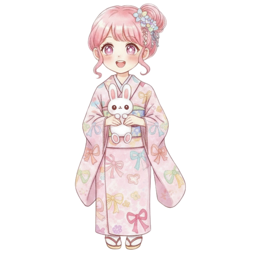 【PNG素材】大人可愛い双子の着物シリーズクリップアートセット(全10種/水彩スタイル/背景透過)