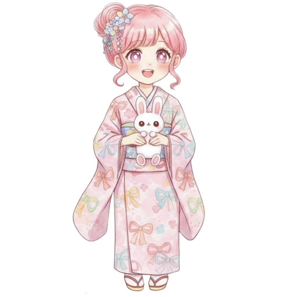 【PNG素材】大人可愛い双子の着物シリーズクリップアートセット(全10種/水彩スタイル/背景透過)