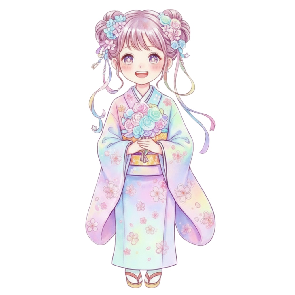 【PNG素材】大人可愛い双子の着物シリーズクリップアートセット(全10種/水彩スタイル/背景透過)